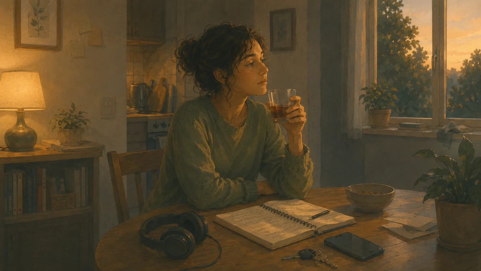 A woman sitting at a kitchen table at dusk, holding a glass of whisky, a journal, headphones and keys in front of her.