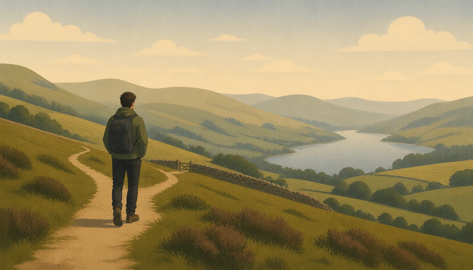 A person standing on a winding hill path and looking out over a calm valley at sunrise, illustrating the early recovery journey.