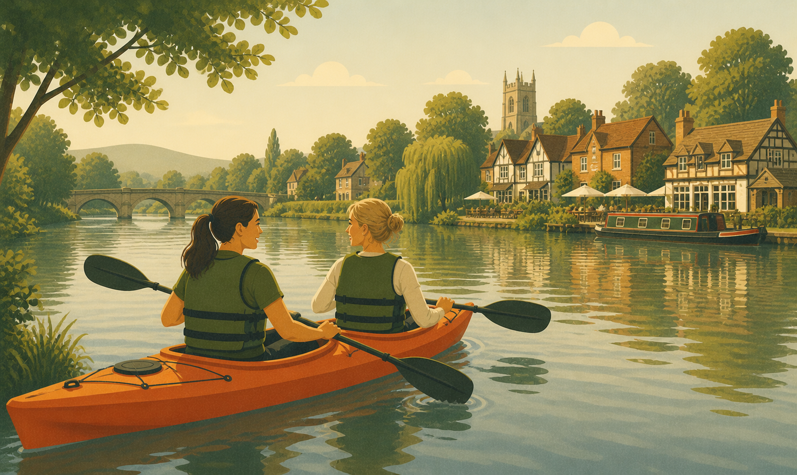 Two people kayaking together on a calm river, symbolising steady support in recovery.