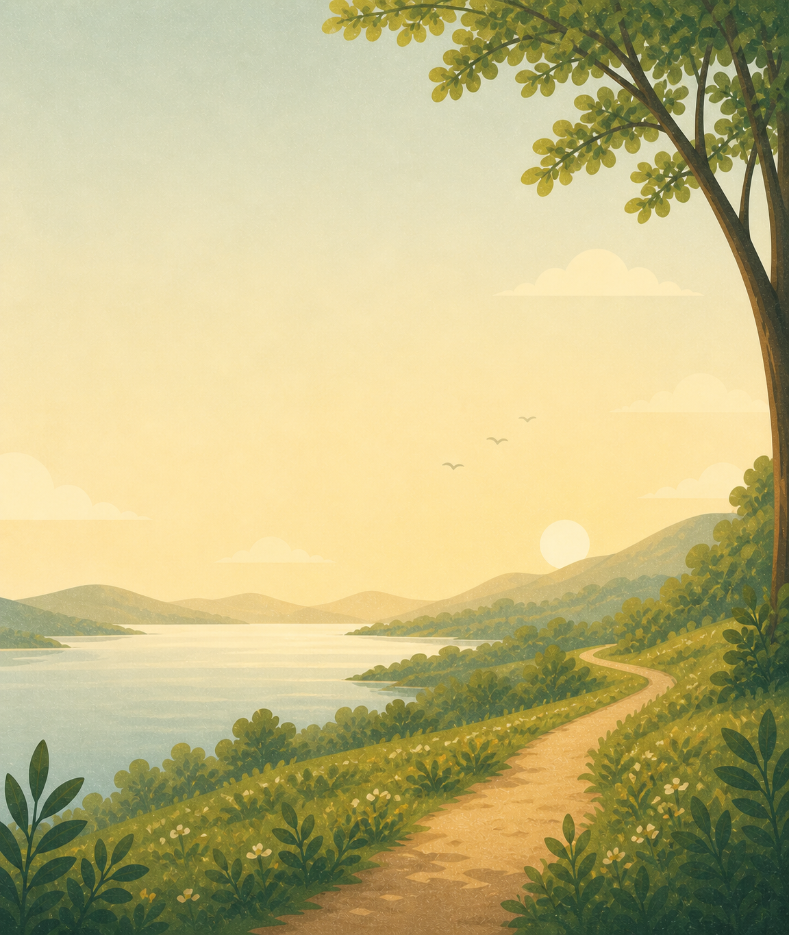 A calm landscape with a winding path, lake and tree used as a background illustration for early access signup.