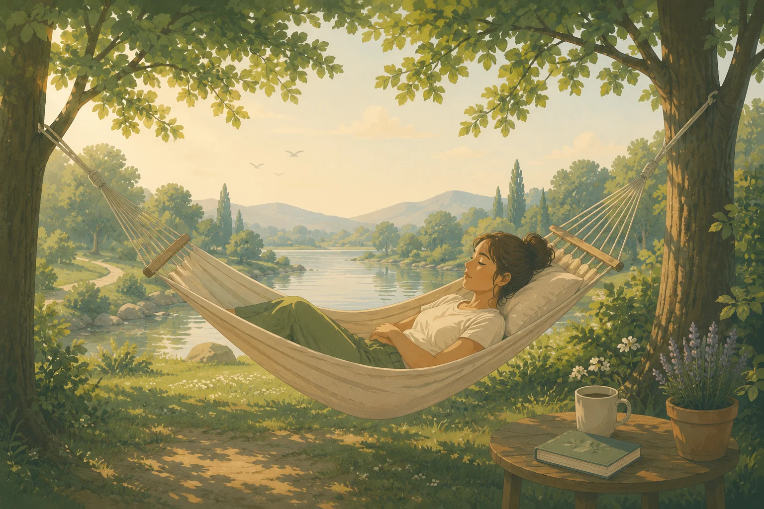 A person resting in a hammock beside calm water at golden hour, suggesting the slow, uneven pace of recovery.
