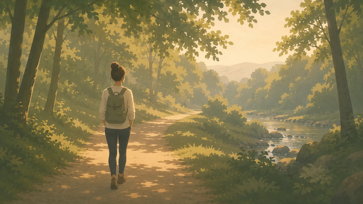 A person walking alone along a sunlit woodland path beside a river, suggesting the uneasy calm after drinking.